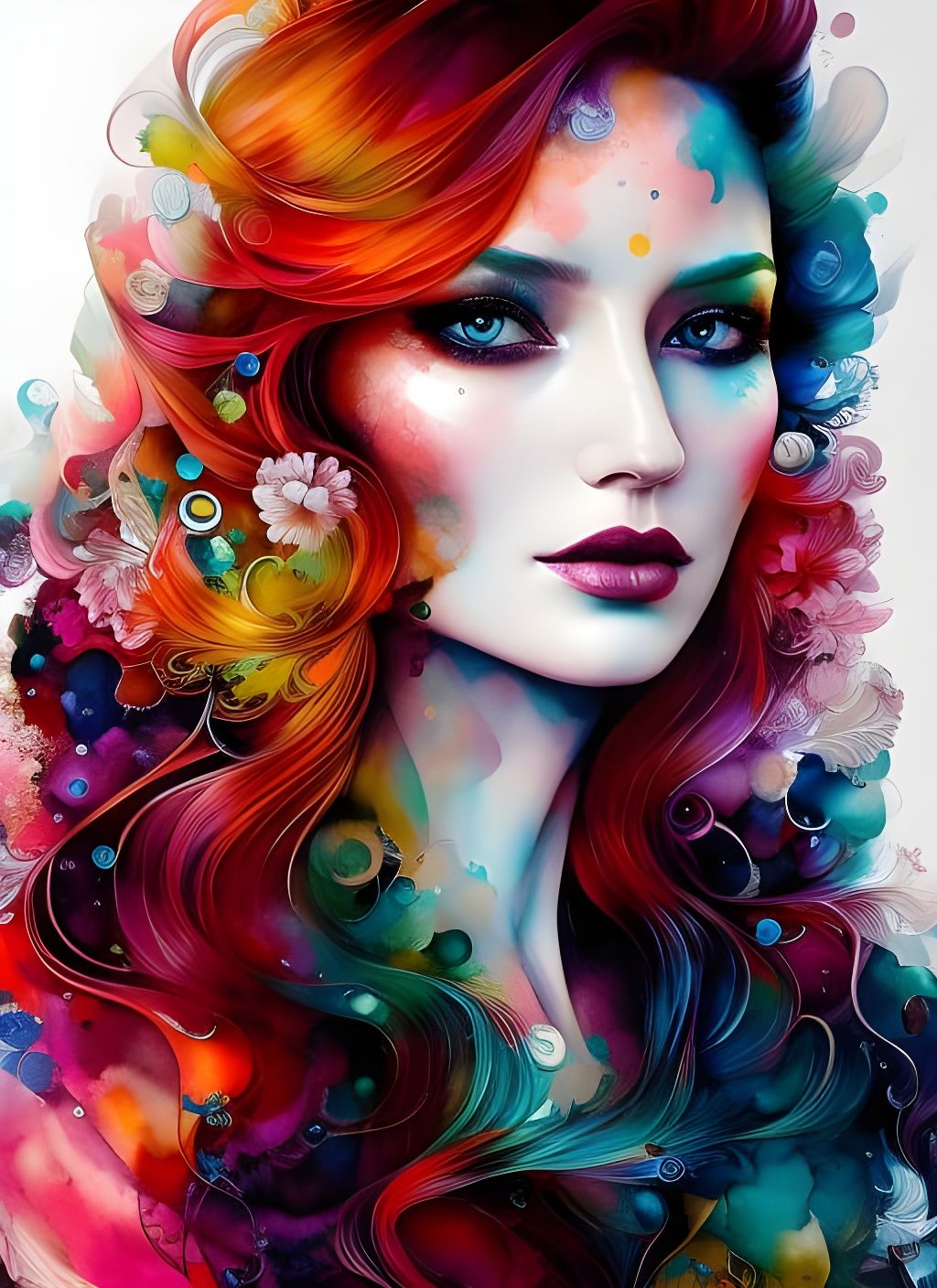 Redhead Woman Portrait in Colorful Ink Flow Style