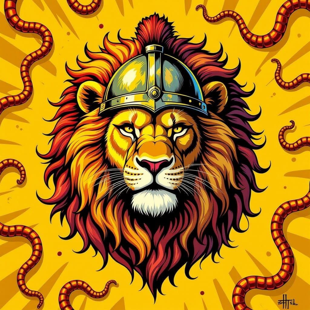 Majestic Lion Flag with Worms on Yellow Background