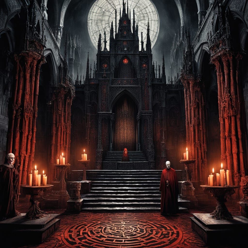 Pinhead in Dark Gothic Labyrinth, Intricate Puzzle Box