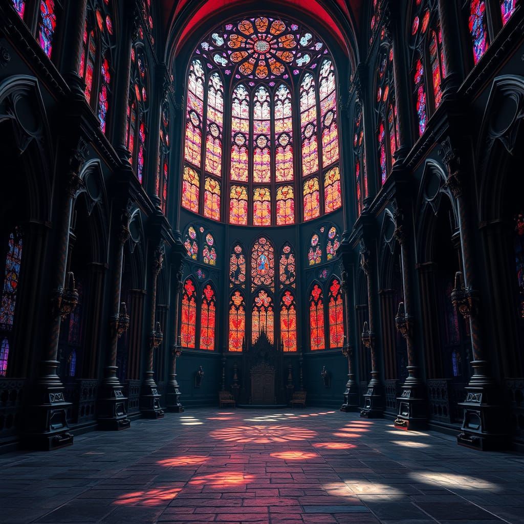 Gothic Cathedral with Kaleidoscopic Stained Glass in Dark Fa...