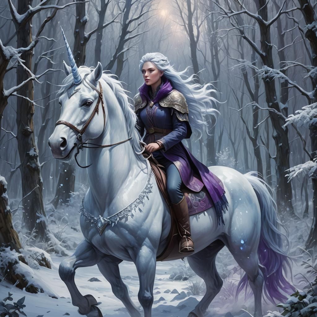 Icy Girl on Unicorn in Snowy Forest
