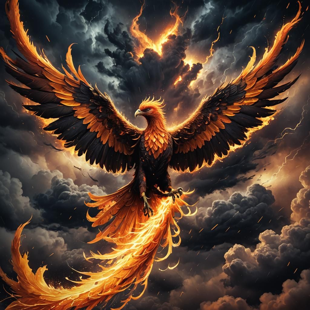 Phoenix Soaring Through Stormy Night Sky