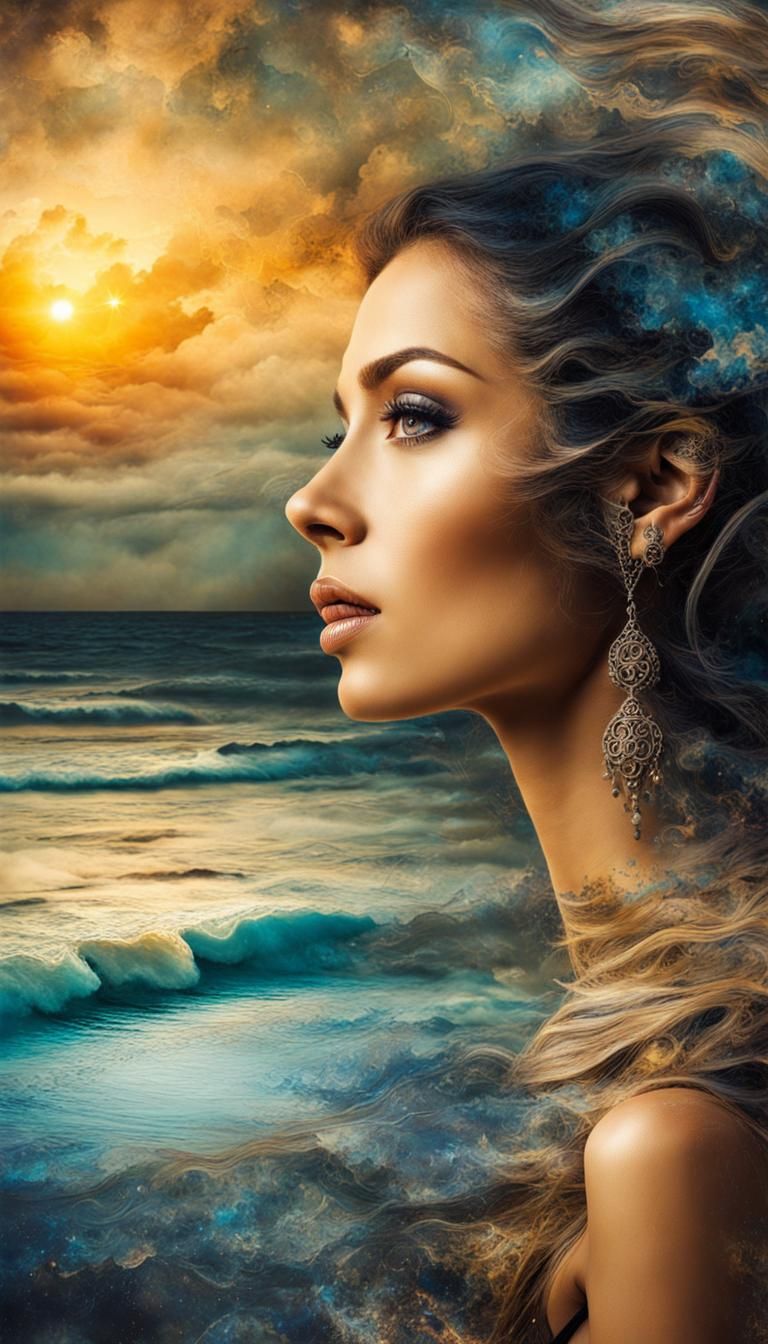 Dreamlike Double Exposure: Exotic Woman and Sunset Beach