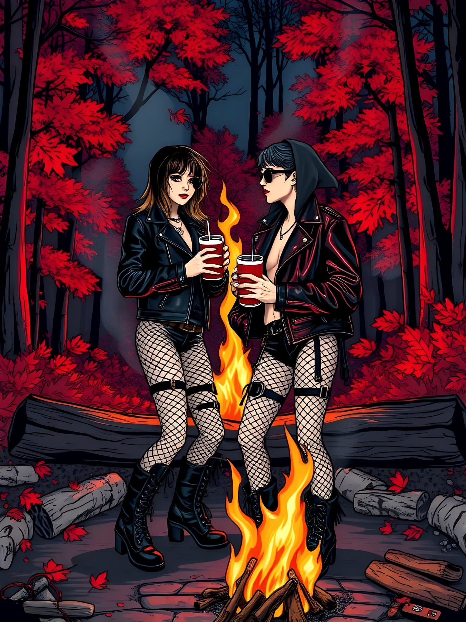 Punk Rock Couple's Bonfire: A Noir Comic Scene
