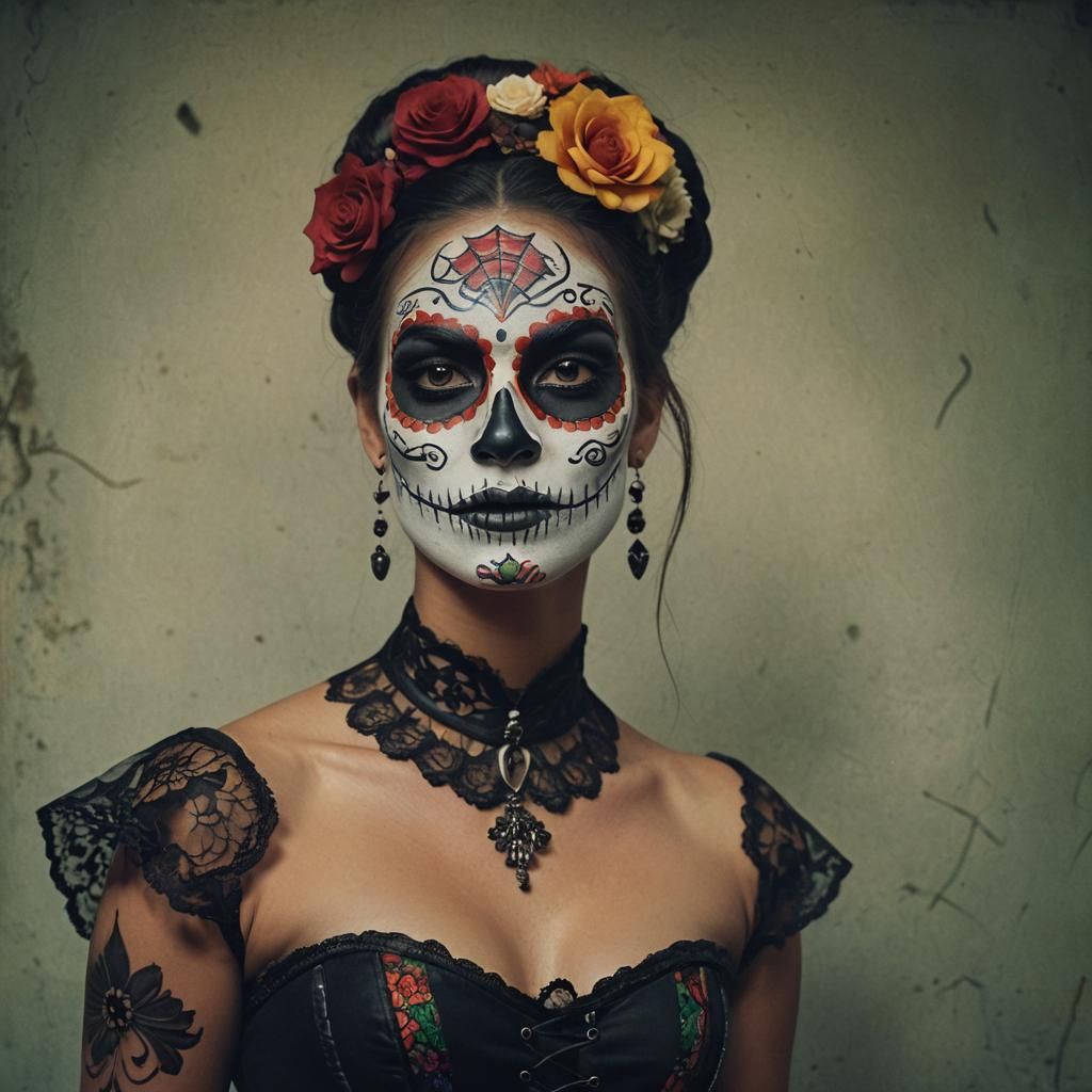 Day of the Dead Woman in Corset, Cinematic Shot