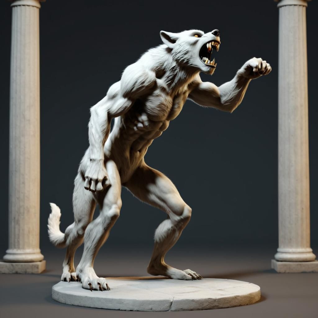 White Werewolf Howling Between Roman Columns