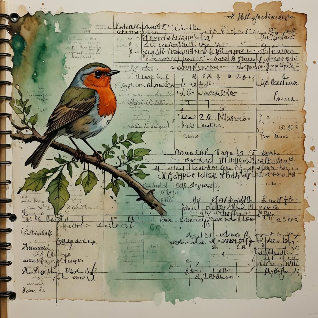 Robin on Ledger Page in Watercolor Wash
