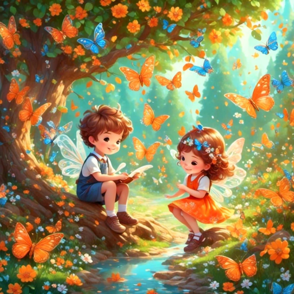 Cute Children Playing in Enchanted Orange Tree Forest