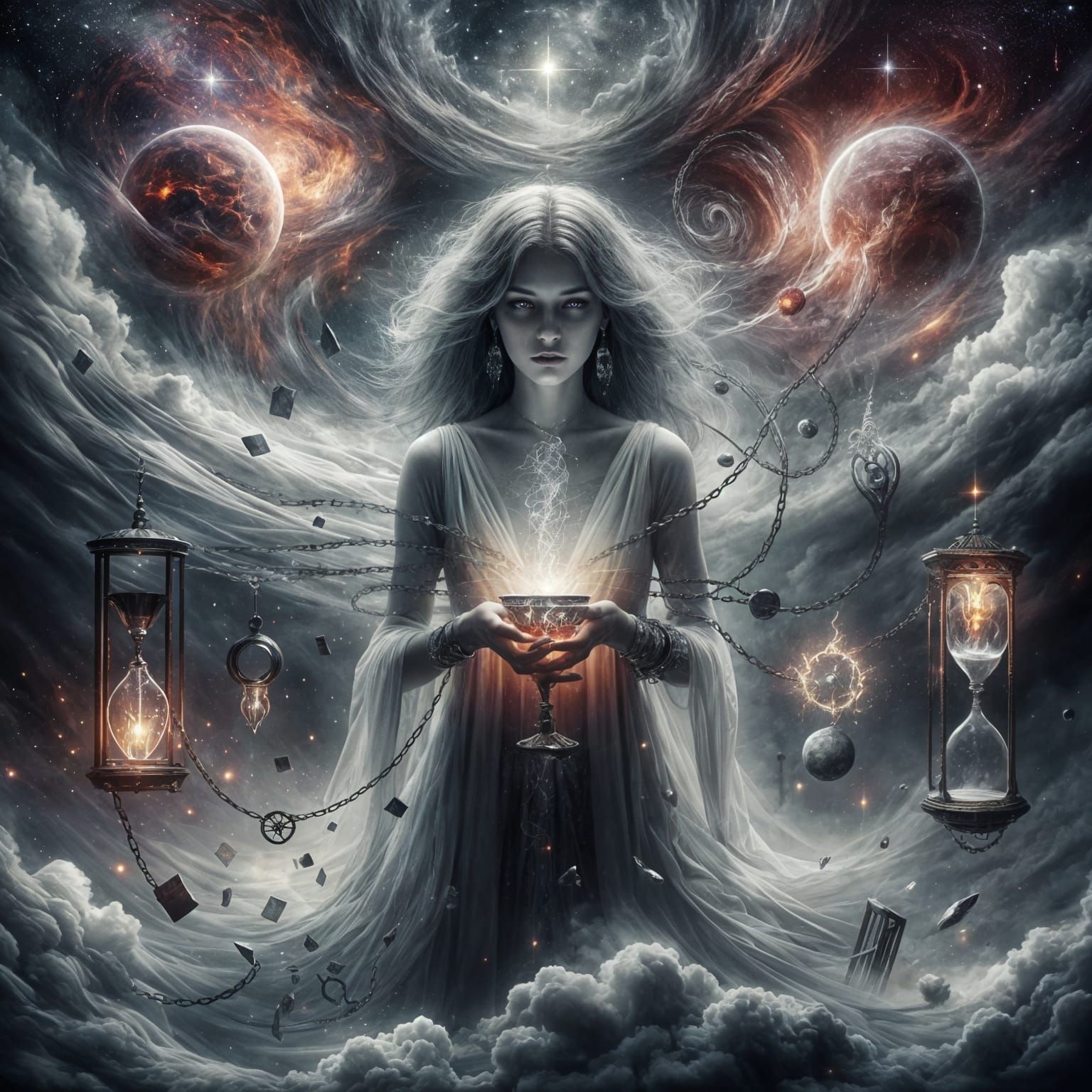 Otherworldly Woman in Dream World with Fractured Sky