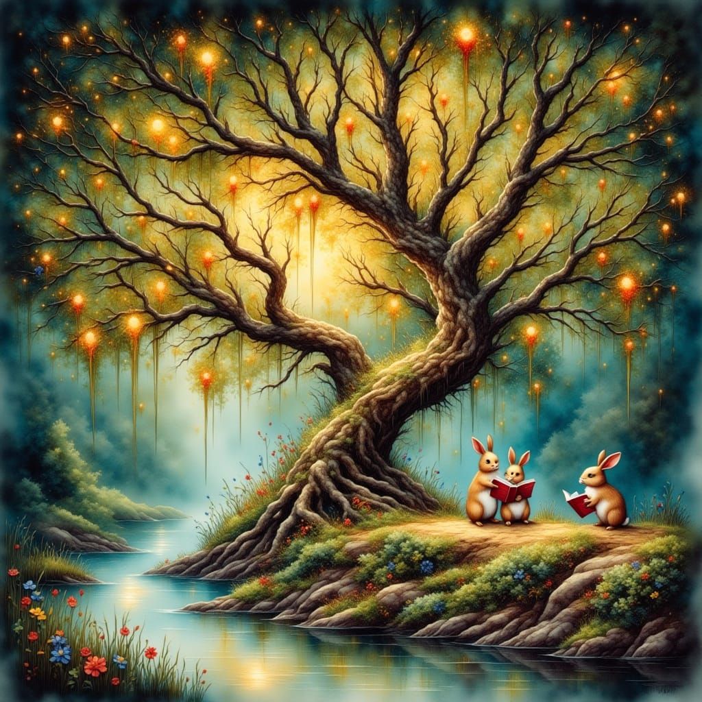 Whimsical Ancient Tree with Reading Rabbits in Watercolor St...