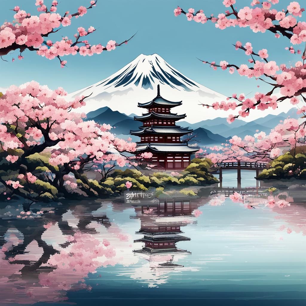 Sakura Tree by Lake with Japanese Temples