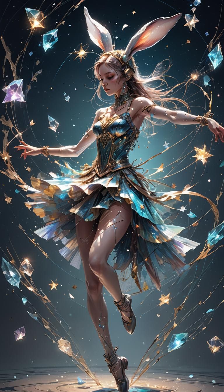 Cybernetic Rabbit Girl Ballet Dancer in Iridescent Fantasy