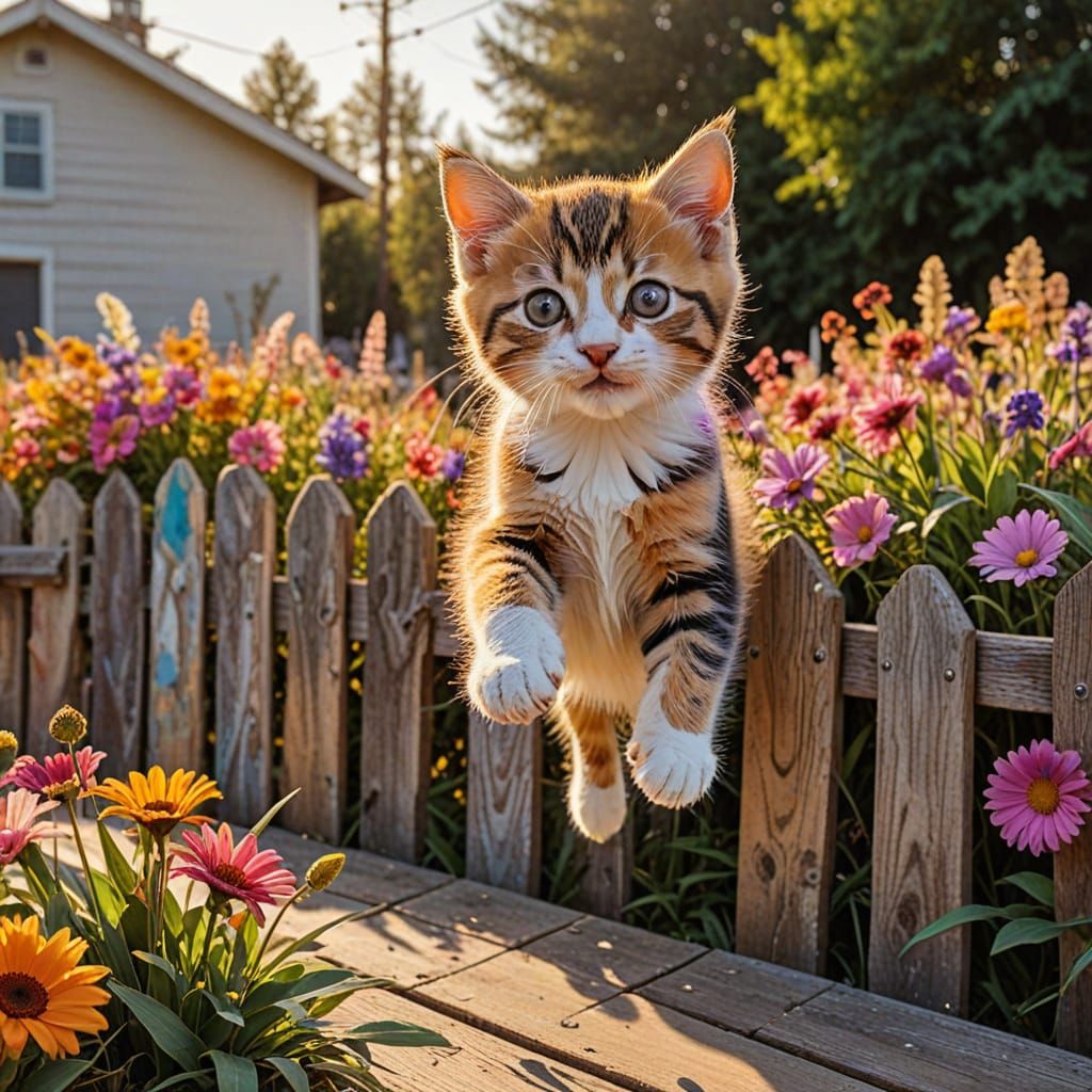 Cute Kitten Leaps for Feathers in Golden Hour