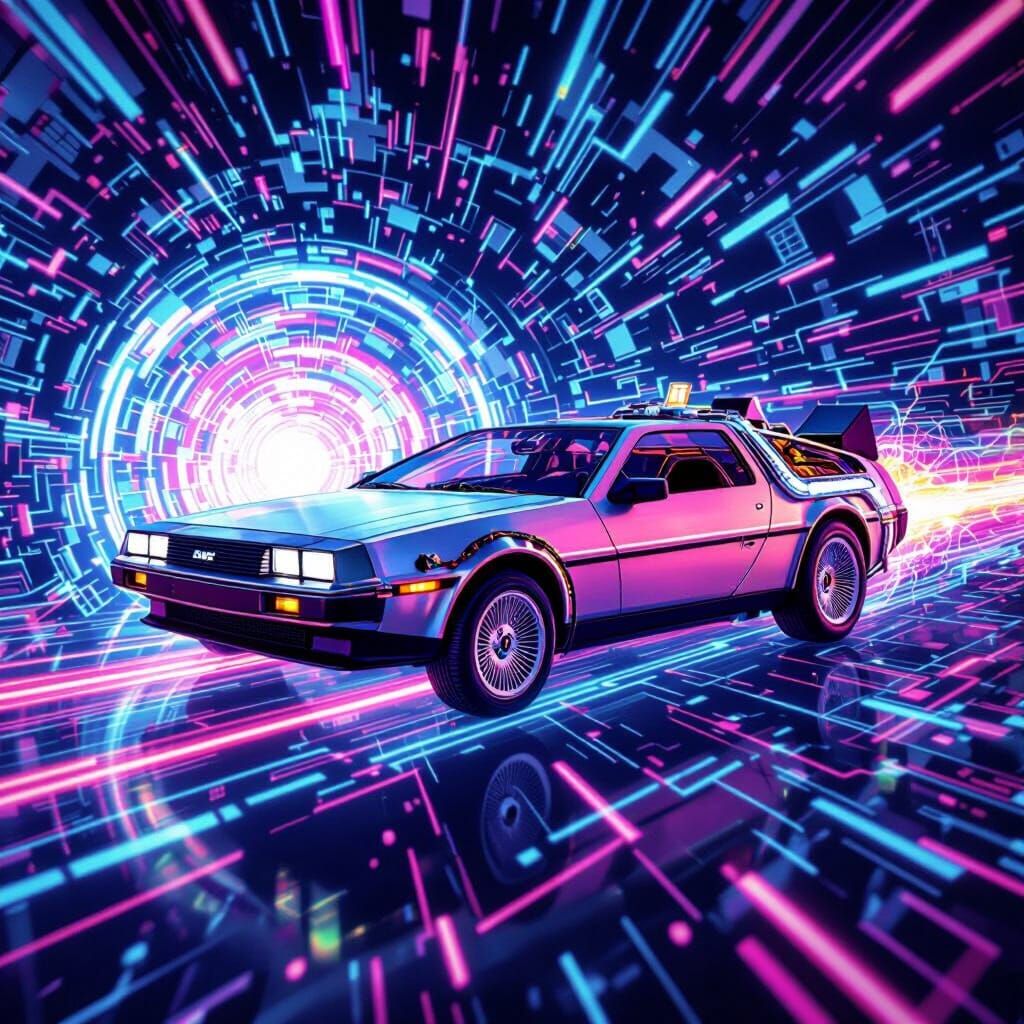 DeLorean Time Machine Soars Through Neon Vortex