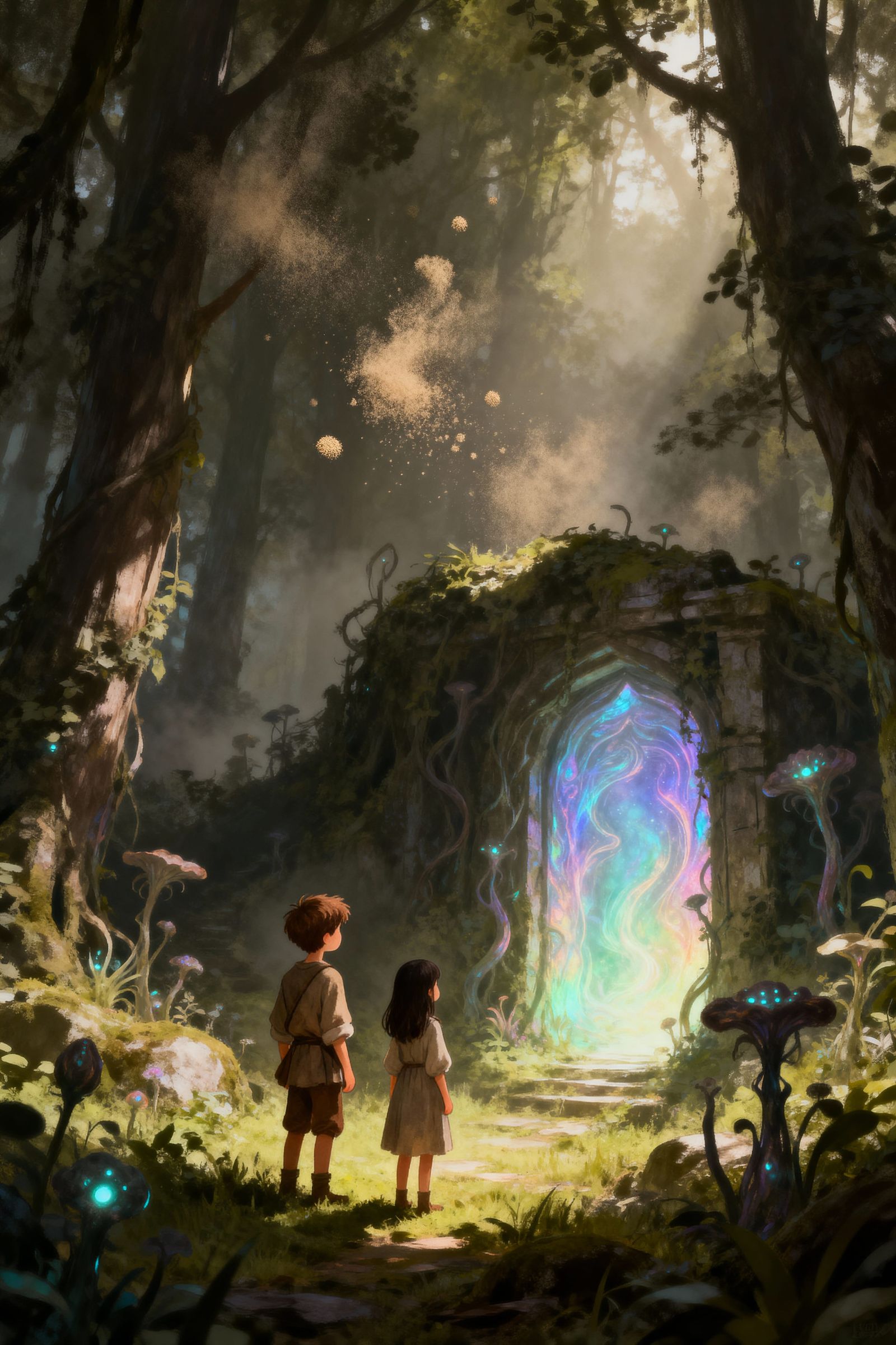 Children Discover Ethereal Portal in Enchanted Forest