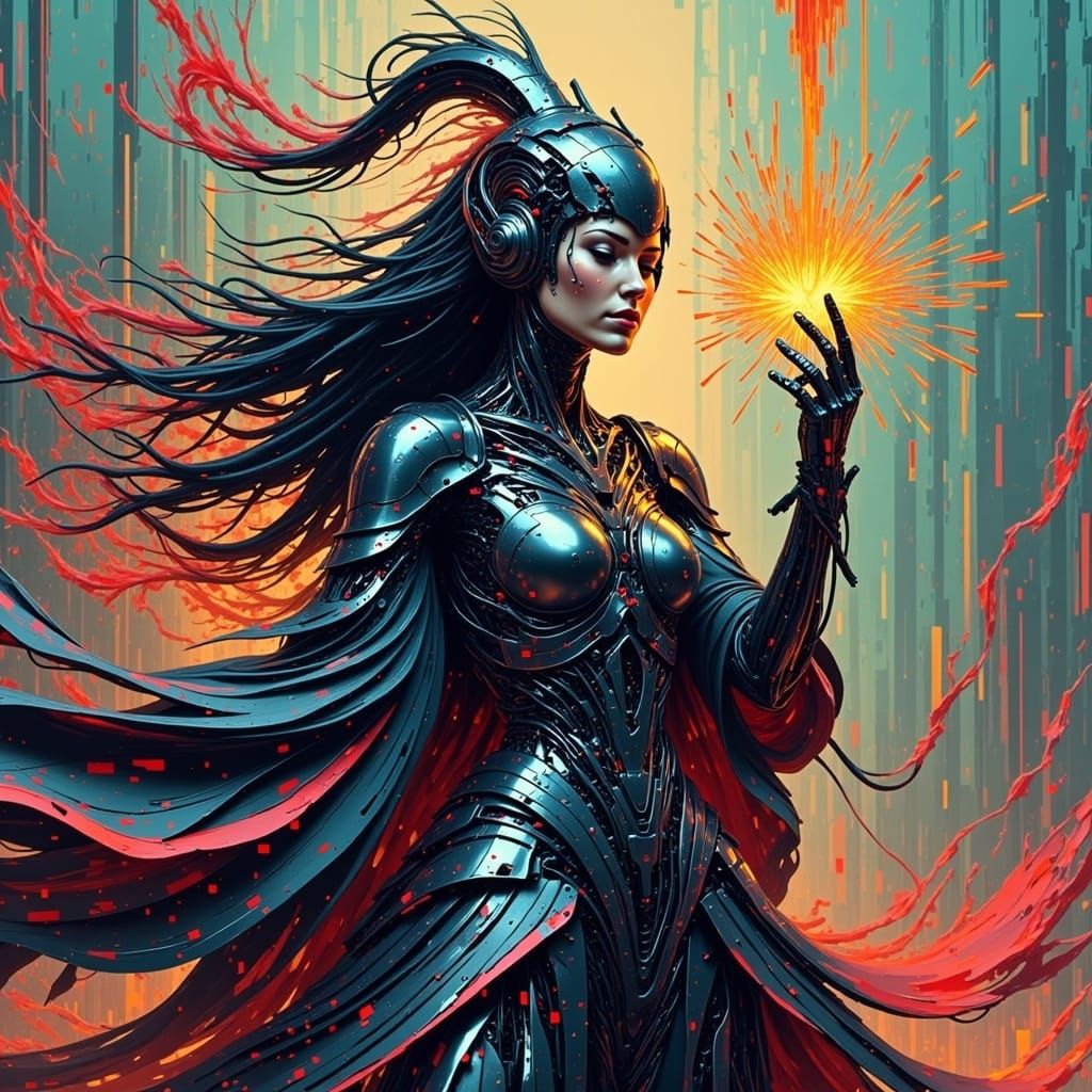 Cyborg Witch Conjures Void in Futuristic Landscape