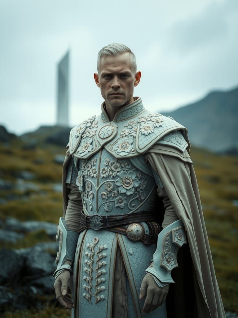 Futuristic Floral Armor on Pale Man in Rainy Landscape