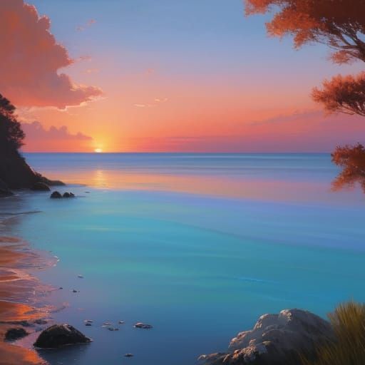 Impasto Oil Painting of a Beautiful Shore at Sunset