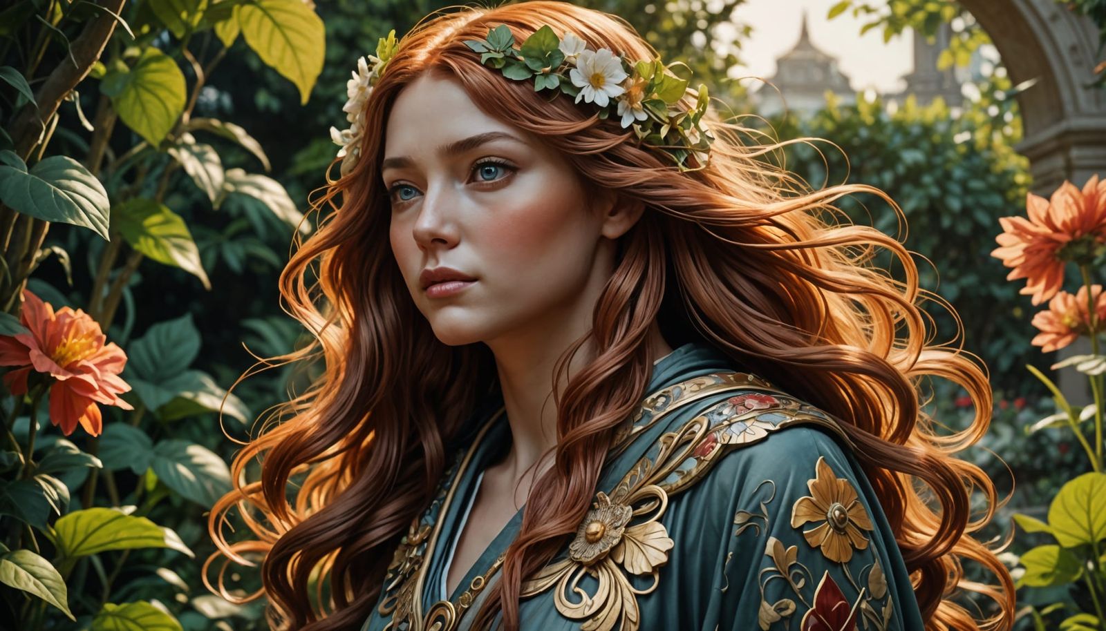 Serene Goddess in Lush Garden, Art Nouveau Style