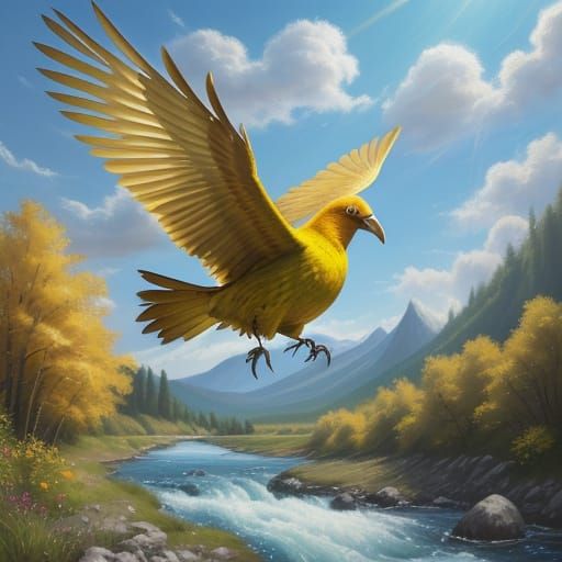 Yellow Bird Flying Over River: Digital Oil Painting