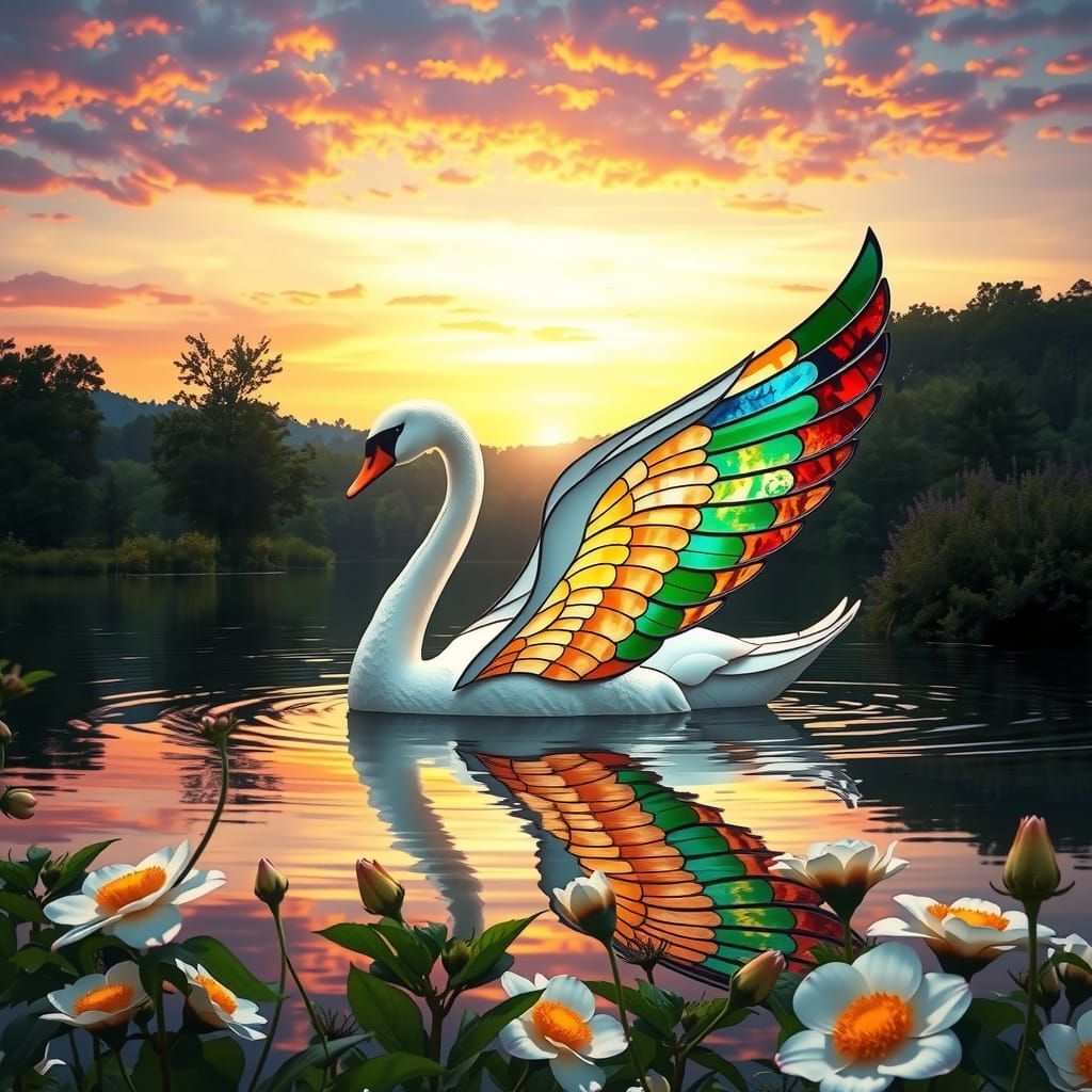 Stained Glass Swan on Serene Lake at Dawn