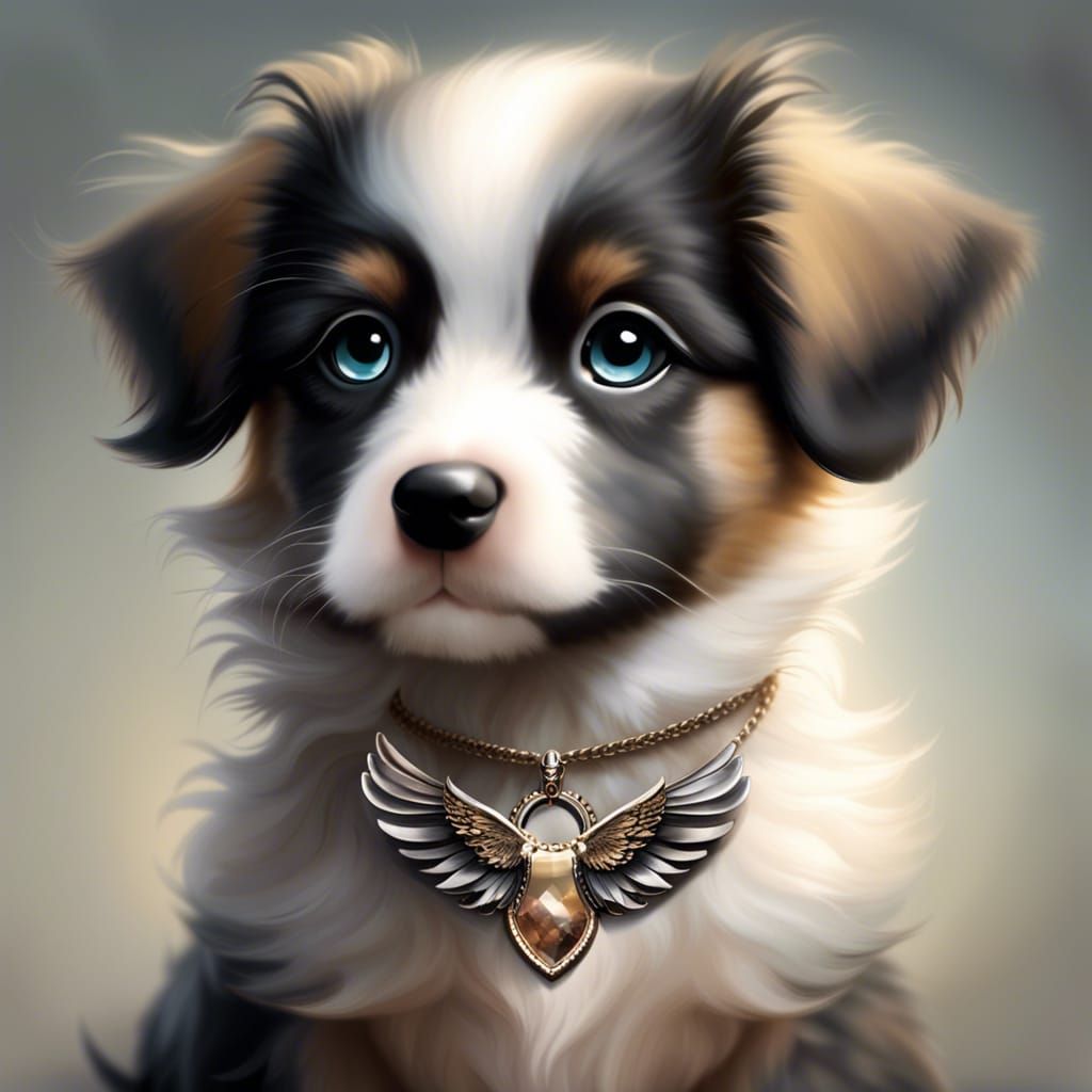 Adorable Winged Puppy Portrait with Necklace