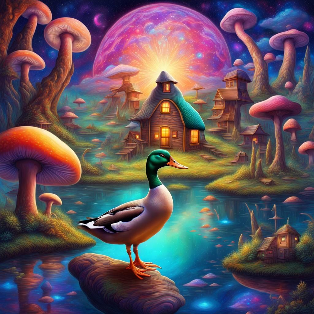 Duck in Mushroom Village: Holographic Astral Illustration