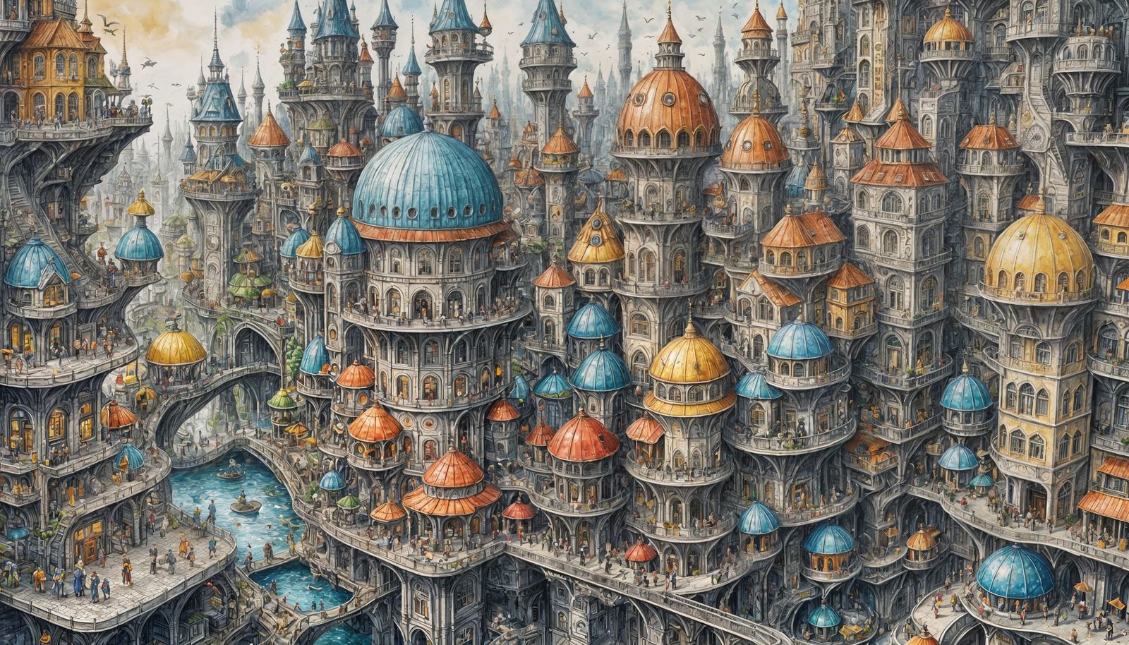 Futuristic Minipolis in Watercolor and Ink