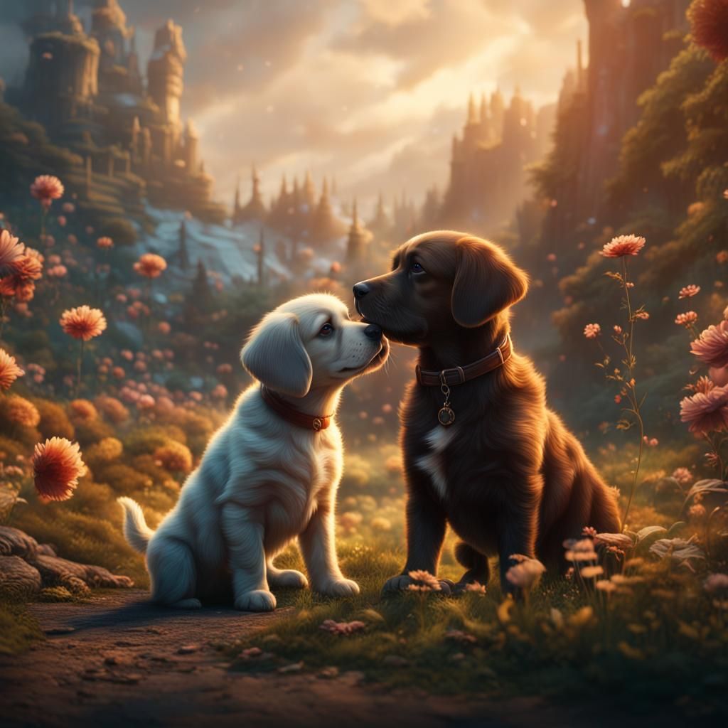 Cute Puppy Love in Digital Painting Style