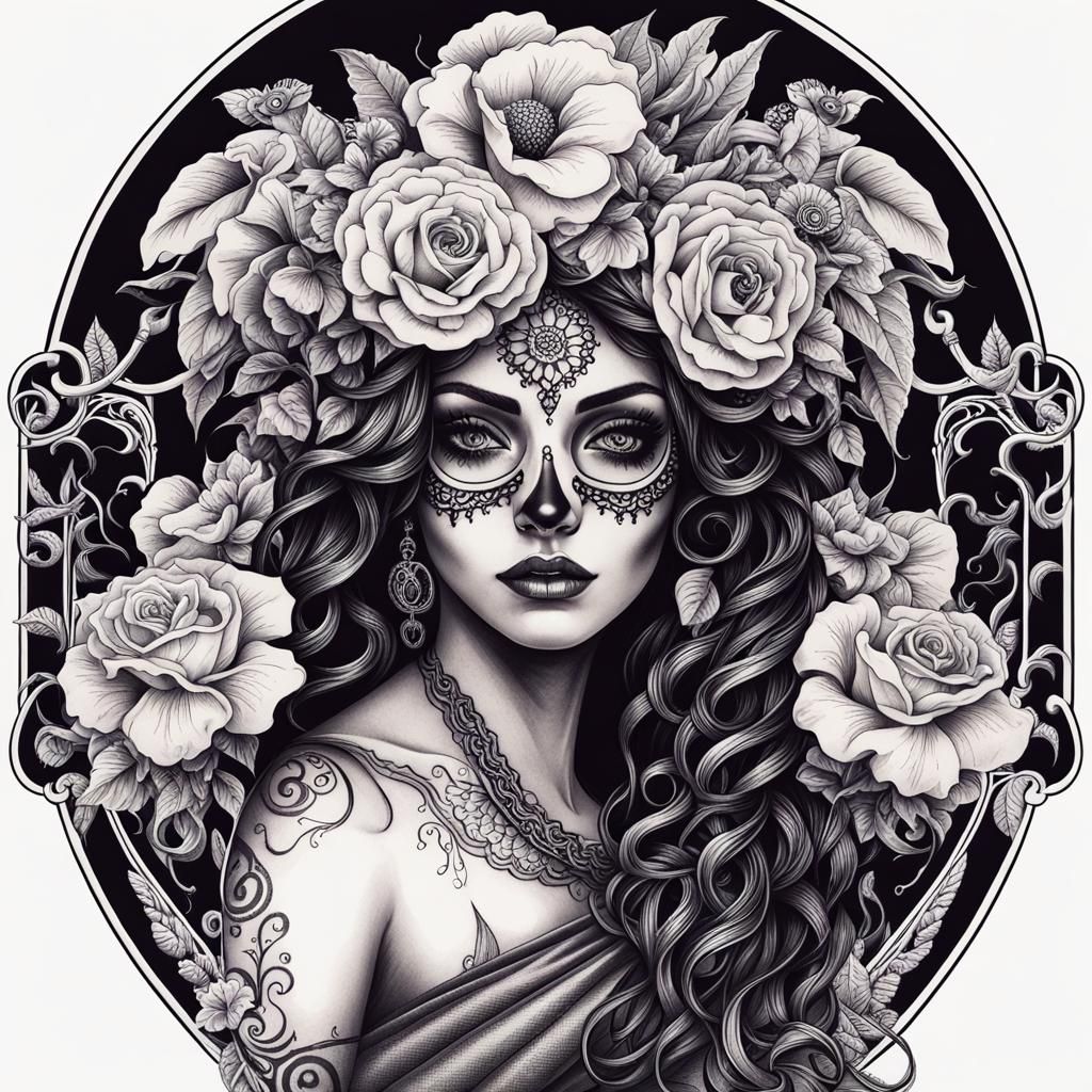 Medusa Catrina Tattoo in Blackwork Style
