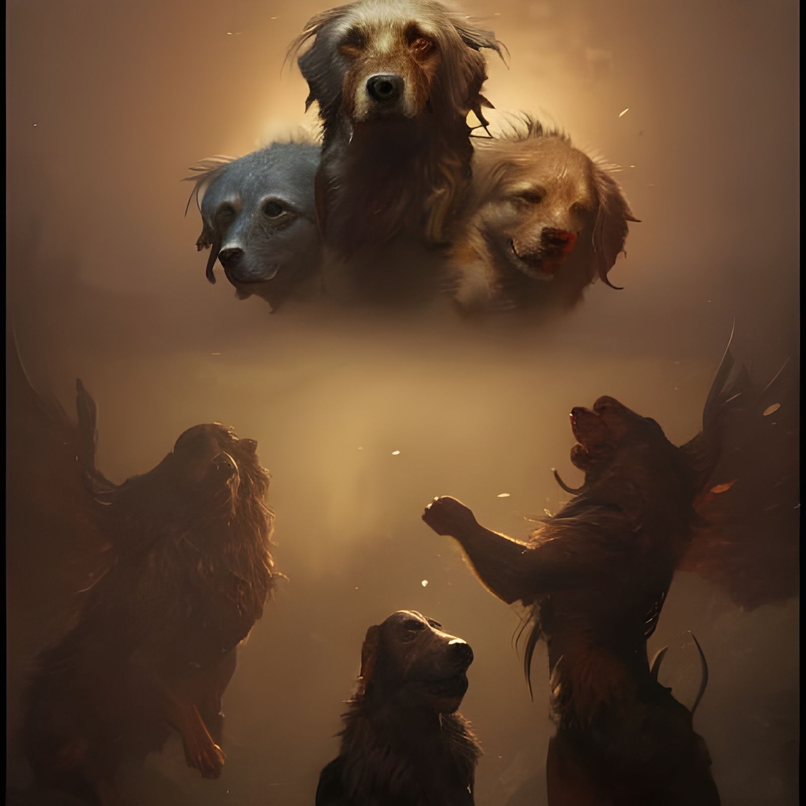 Three-Headed Dog in Dark Fantasy Style