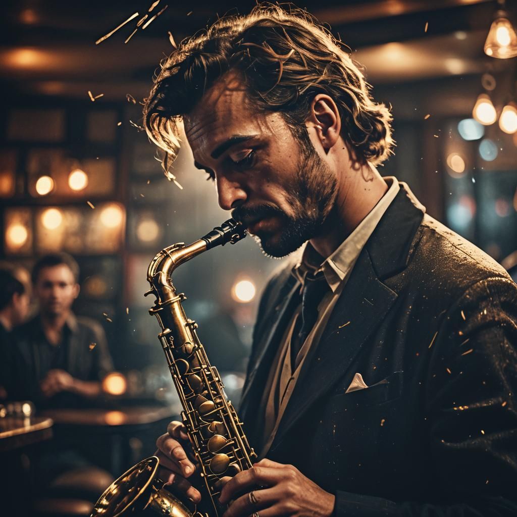 Saxophonist in Dimly Lit Bar with Glowing Music Notes