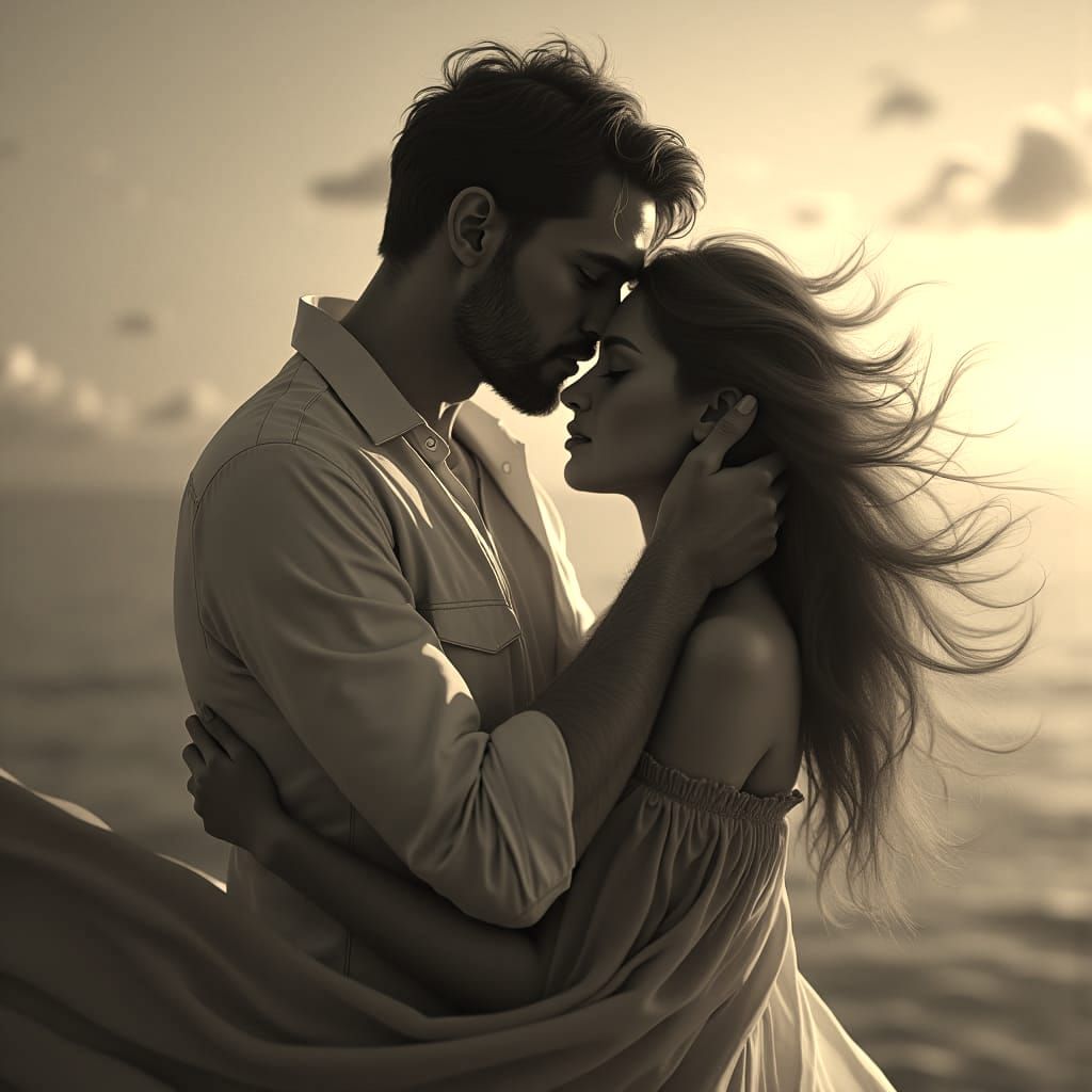 Man Embracing Woman: Detailed Matte Painting