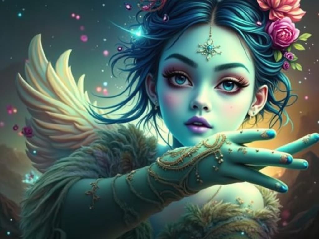 Surreal Cosmic Goddess in Ethereal Blue and Green Hues