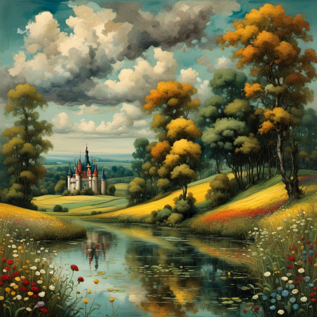 Impressionist River Landscape with Wildflowers in Golden Lig...