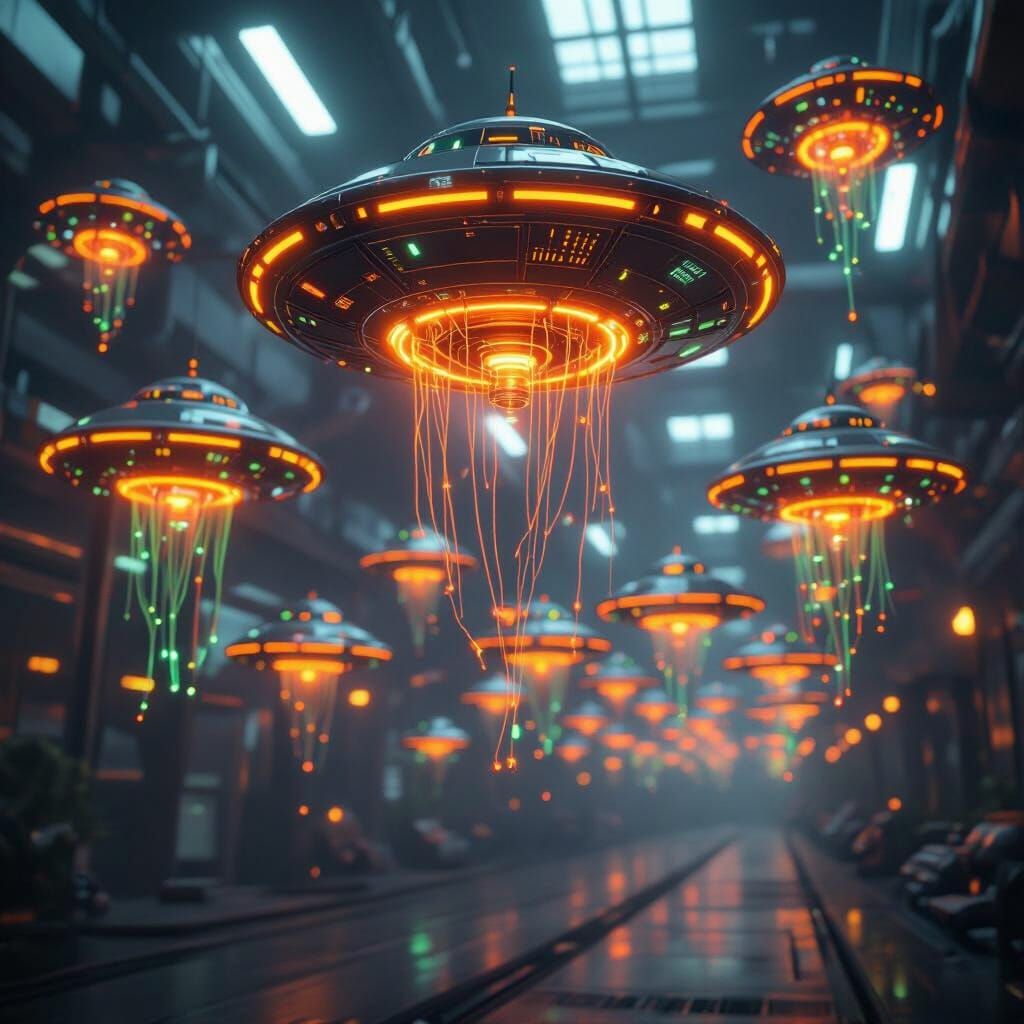 Alien Drones with Neon Tendrils in Sci-Fi Factory