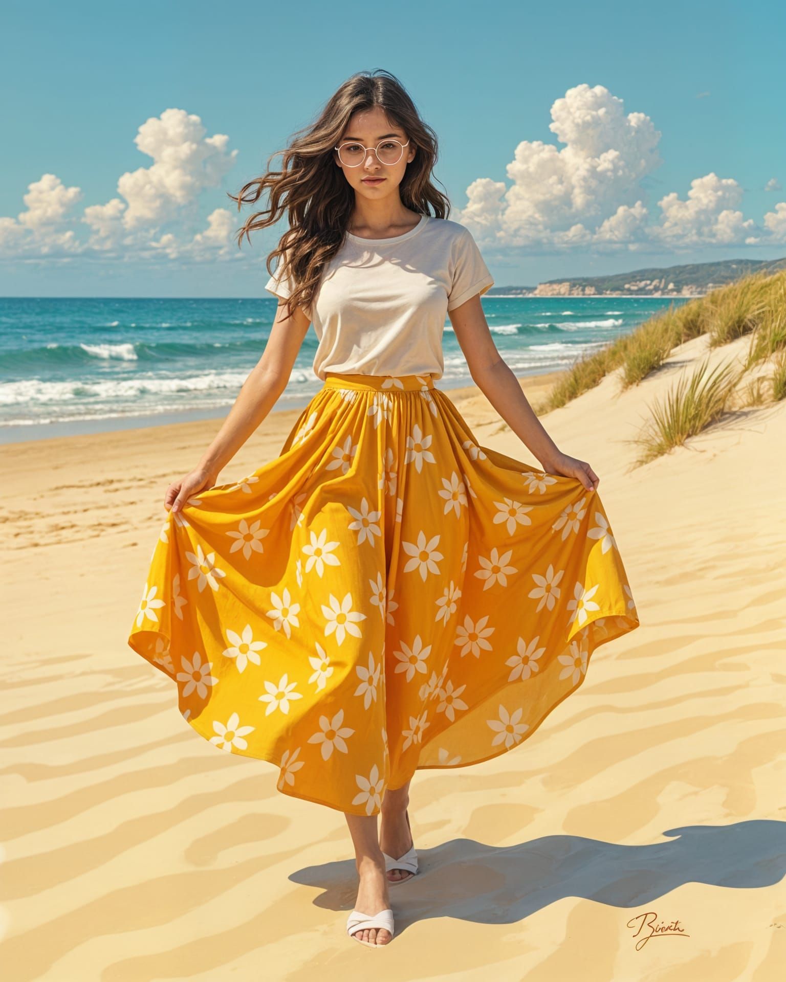Woman in Yellow Floral Skirt in Dunes, Impressionistic Style