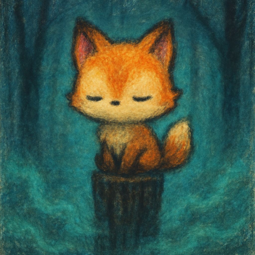 Chibi Fox in Dreamlike Forest, Oil Pastel Drawing