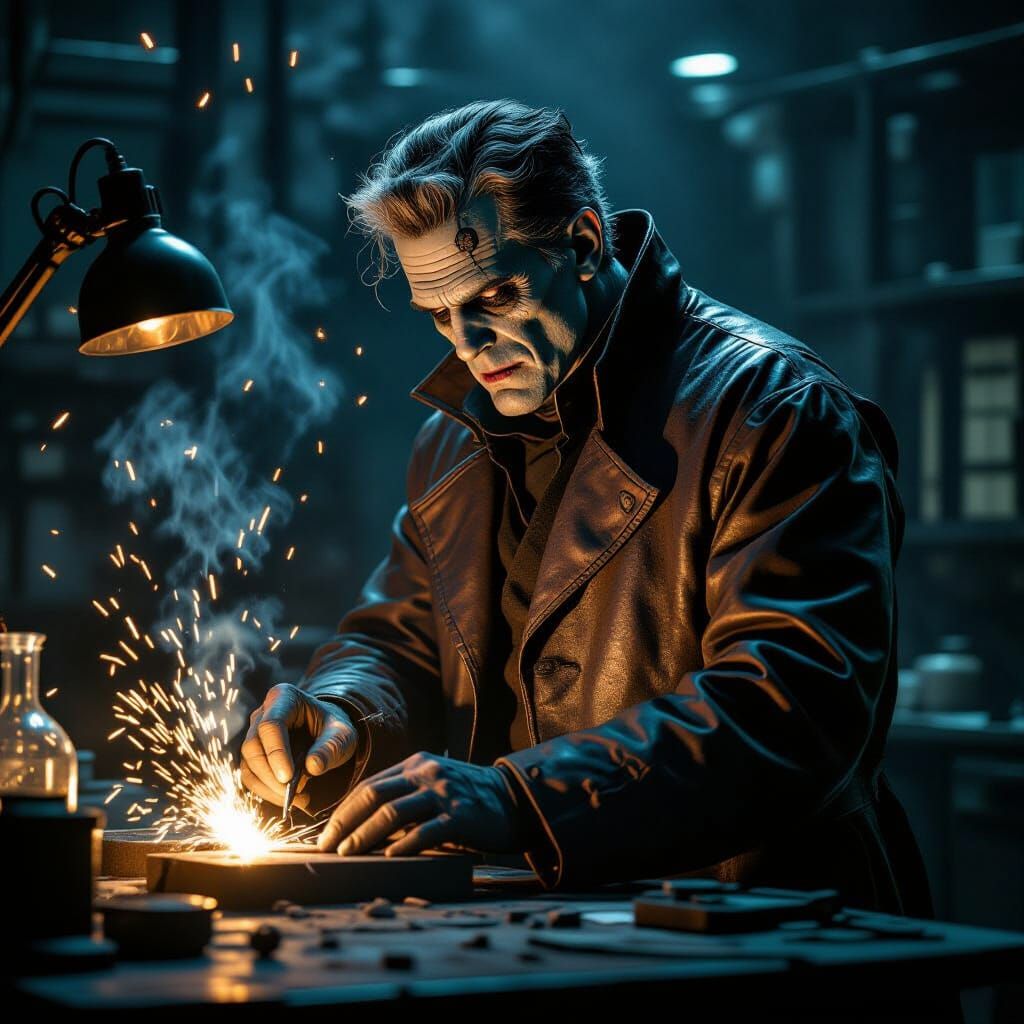 Dr. Frankenstein Creates His Monster in Gothic Lab