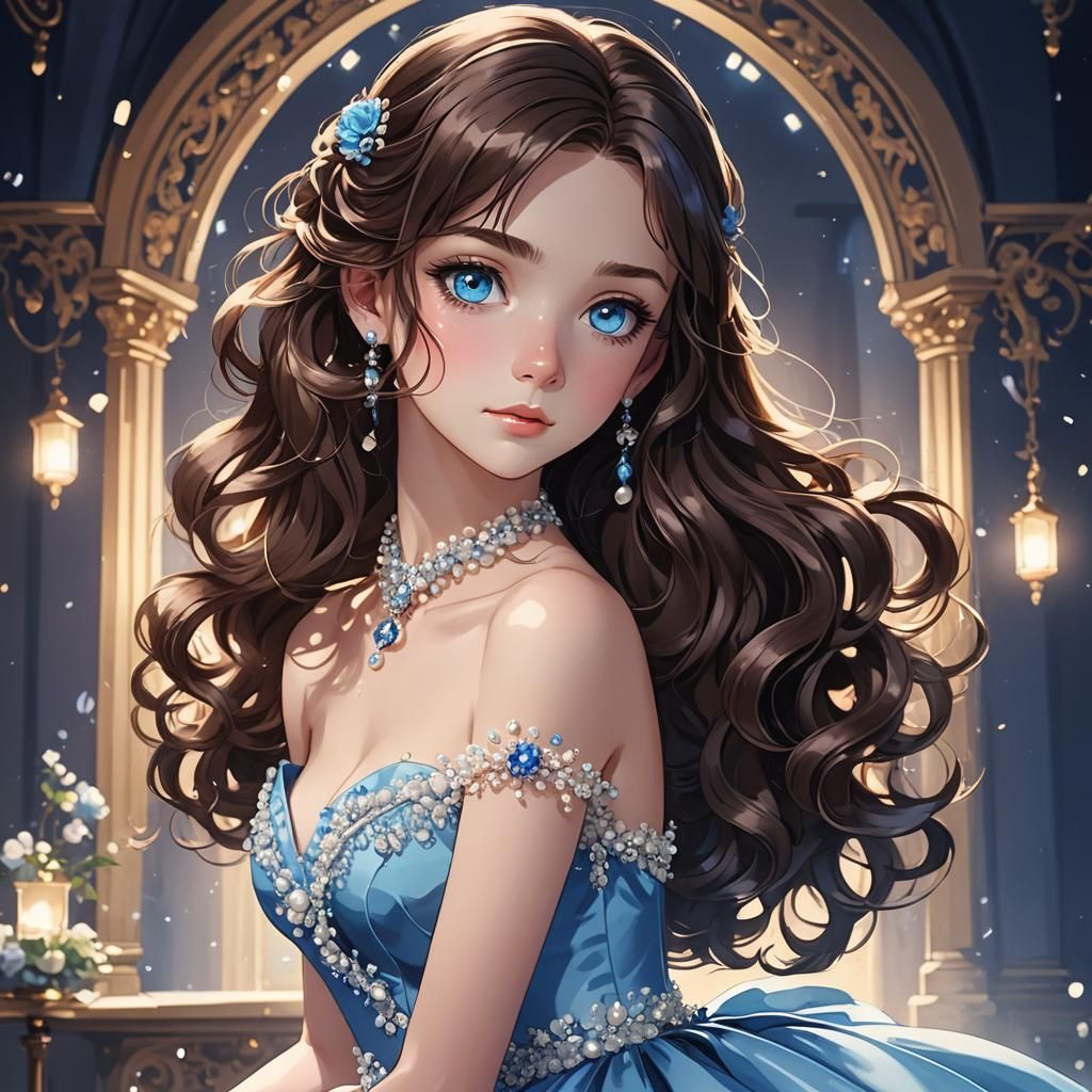 Anime-Style Prom Portrait of Brunette in Blue Dress