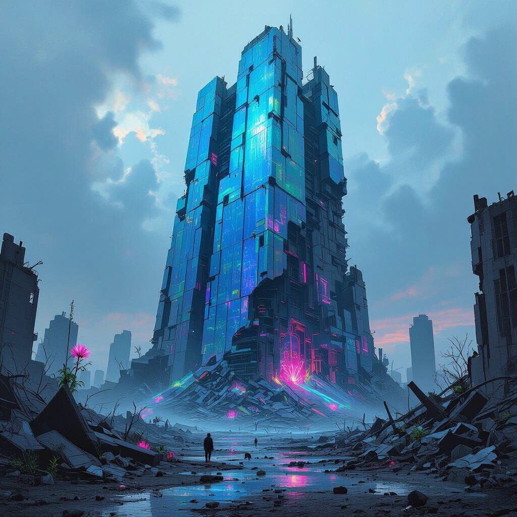Colossal Larimar Skyscraper in Neon Wasteland