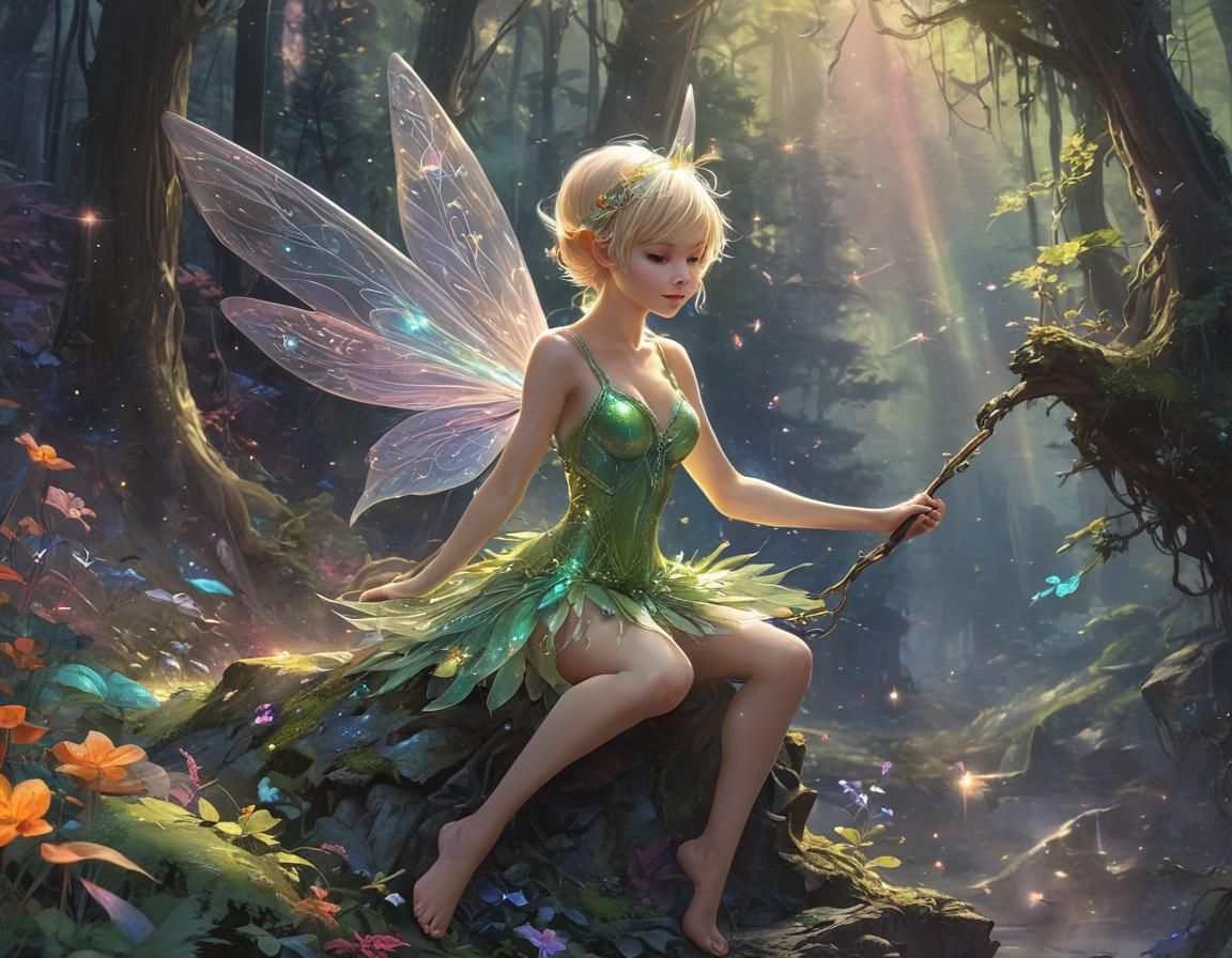Cosmic Tinkerbell in Enchanted Forest: Watercolor Style