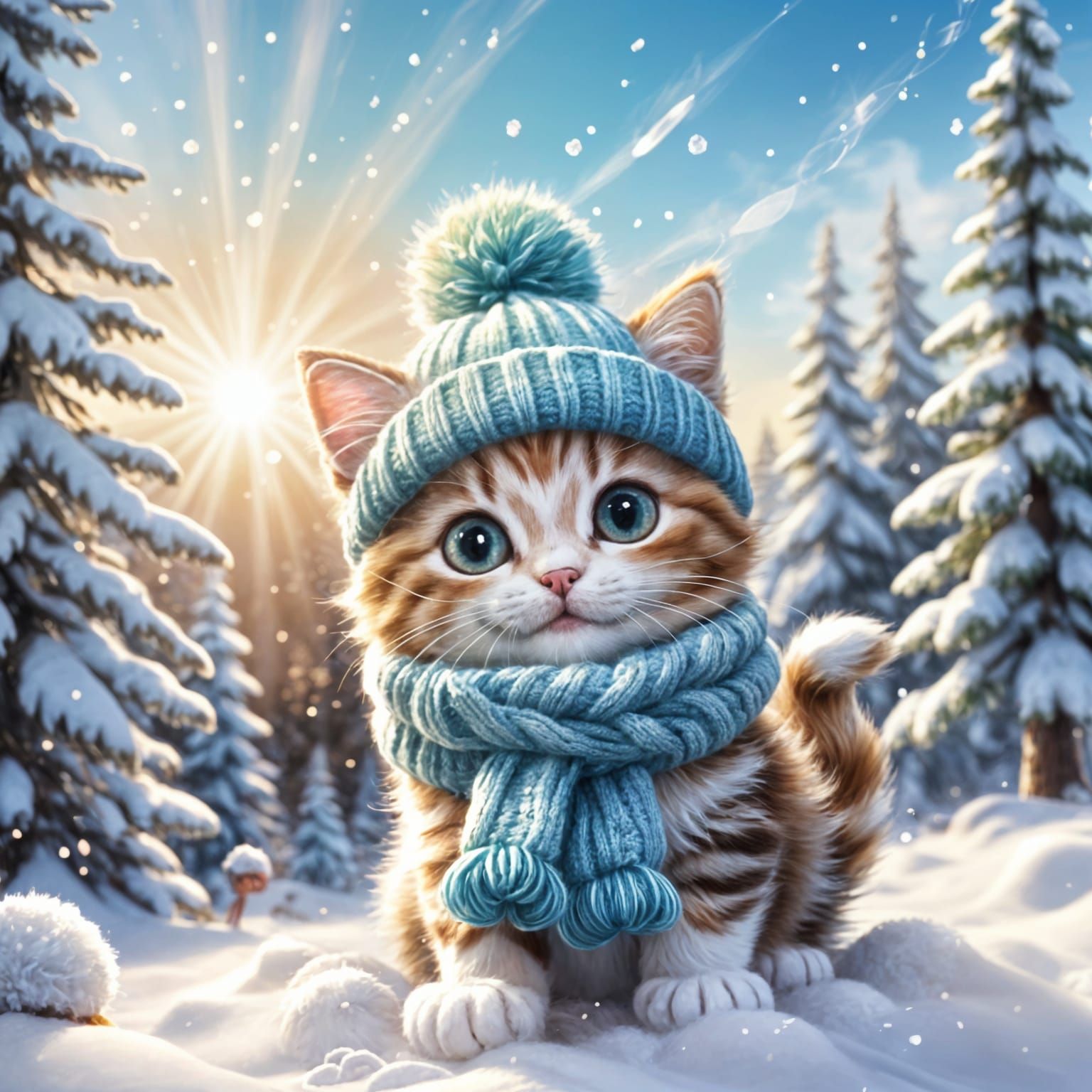 Whimsical Snowy Kitten Plays in Sparkling Winter Wonderland