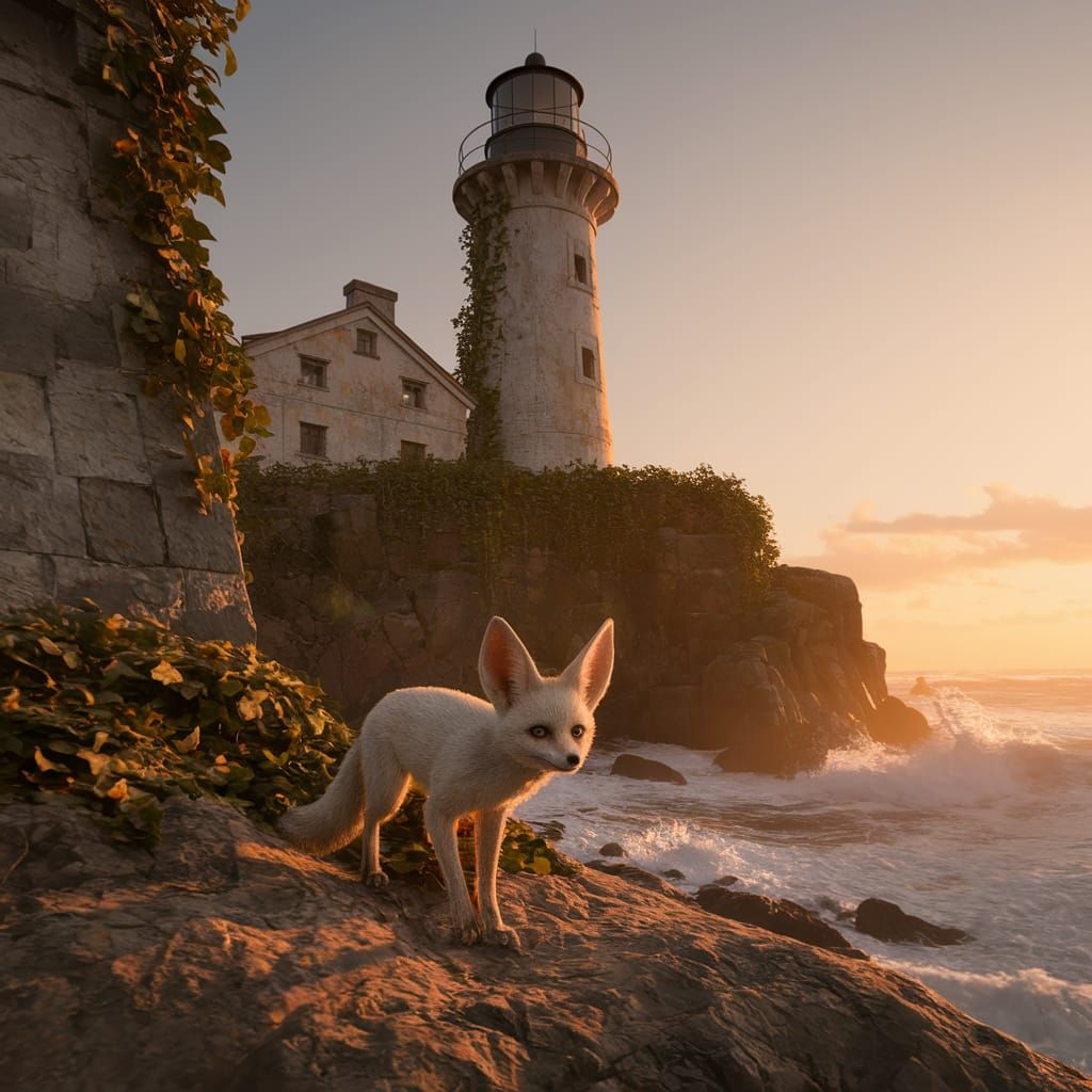 Fennec Fox Searches Near Coastal Lighthouse