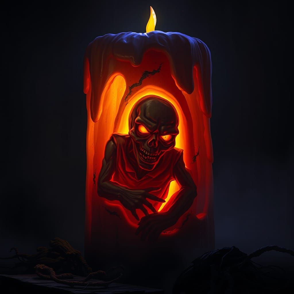 Grotesque Zombie Candle with Eerie Glow, Digital Art