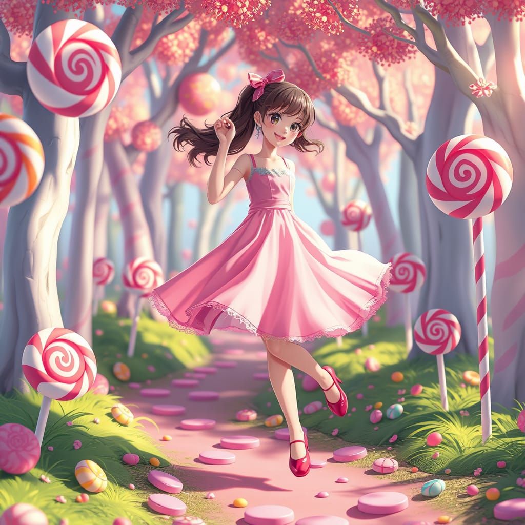 Anime Girl's Joyful Dance in Candy Forest