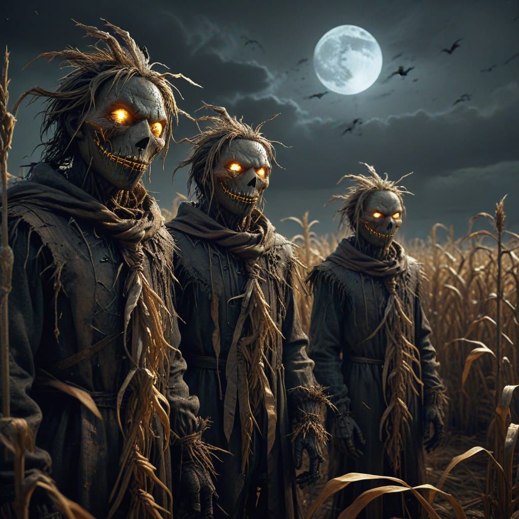 Eerie Scarecrows in Moonlit Cornfield