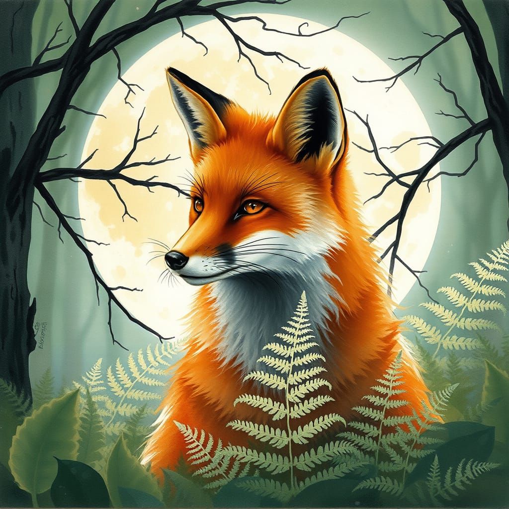 Fox Silhouetted by Moon in Watercolor Style