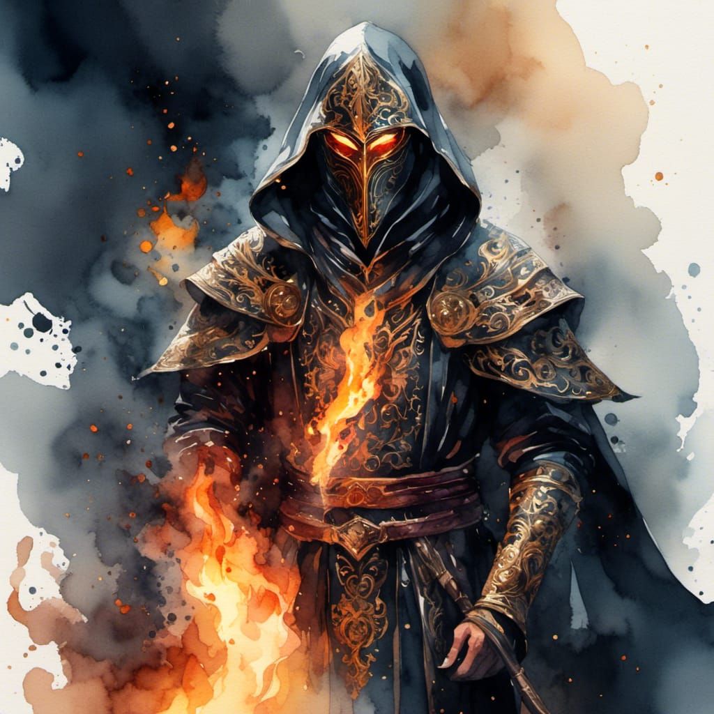 Detailed Fire Mage Digital Watercolor Illustration