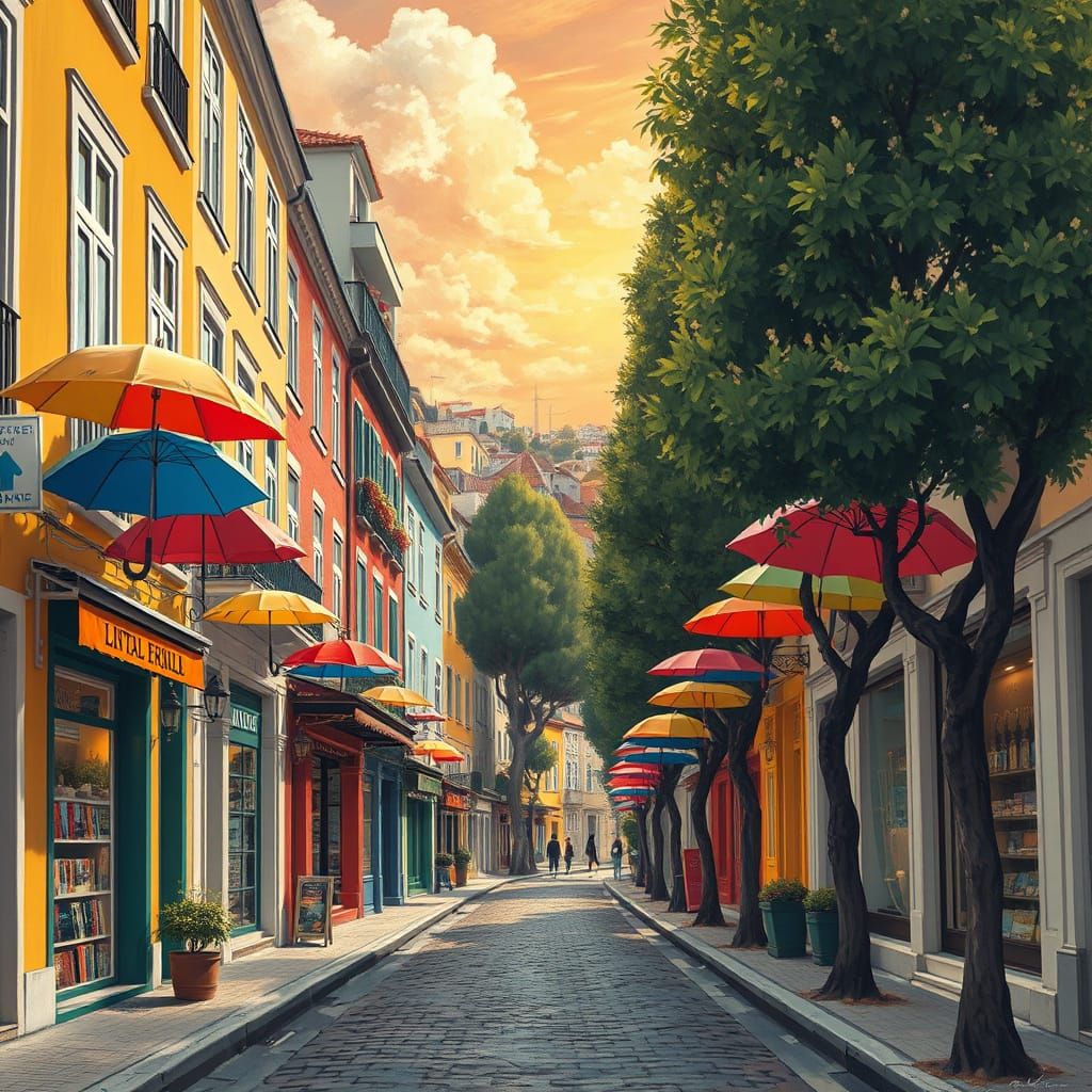 Vibrant Lisbon Street Scene with Colourful Umbrellas and His...